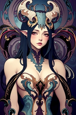 , mythp0rt, (very aesthetic, best quality, ultra detailed),intricate details,hyperrealism,dark theme,soothing tones,high contrast,natural skin texture,soft light,sharp,artistic photoshoot,albedo (overlord),beautiful monster girl,large teardrop breasts,black hair,blush,White horn,noveau,art noveau