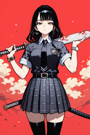 1girl, solo, long hair, looking at viewer, bangs, skirt, shirt, black hair, thighhighs, holding, jewelry, closed mouth, standing, short sleeves, cowboy shot, pleated skirt, earrings, necktie, collared shirt, belt, black thighhighs, blunt bangs, black skirt, black eyes, lips, plaid, black shirt, plaid skirt, black necktie, red background, watch, black belt, wristwatch, baseball bat masterpiece, best quality, amazing quality, very aesthetic, absurdres, depth of field, score_9, score_8, score_7, score_6,Ukiyo-e,ink,colorful,samurai,shogun,katana,tanto,amaterasu,scene, MUCHA, ANIME