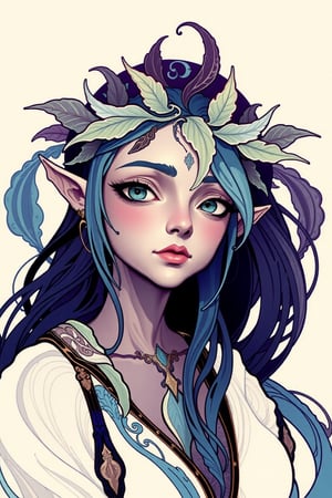 nixeu style, watercolor, elf woman with dark purple skin and glowing cyan eyes, she have long blue hair, she wearing white dress with silver ornaments and head wreath made of leaves,noveau,art noveau