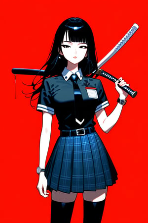 1girl, solo, long hair, looking at viewer, bangs, skirt, shirt, black hair, thighhighs, holding, jewelry, closed mouth, standing, short sleeves, cowboy shot, pleated skirt, earrings, necktie, collared shirt, belt, black thighhighs, blunt bangs, black skirt, black eyes, lips, plaid, black shirt, plaid skirt, black necktie, red background, watch, black belt, wristwatch, baseball bat masterpiece, best quality, amazing quality, very aesthetic, absurdres, depth of field, score_9, score_8, score_7, score_6,Ukiyo-e,ink,colorful,samurai,shogun,katana,tanto,amaterasu,scene, MUCHA, ANIME, ukiyo-e,UKIYO-E