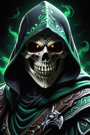 A sleek, Modern Gaming logo, The grim reaper dressed as a rogue from Dungeons of dragons, bold colors of black and green, wearing a rogue type mask, black background, Dramatic lighting, Hyper resolution, Insanely detailed, HD, Hyper detailed, Batik, 10k photo realism,