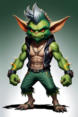 ((3 Full body photo)), (2 Gremlins), Mean Gremlin, Green skin, Silver and Gold mohawk, dynamic pose, Green chest skin, wearing a gremlin gold chain, Green skin, simple background, best quality, realistic, wearing a hoodie, wearing a tank top, Gremlin Tattoos, Claw fingers, vector Gremlin Athletic Logo, inspired by Chris Walas, full color air brush, official photo, spike pit, no pupil demon red eyes, beard, sharp teeth showing, 