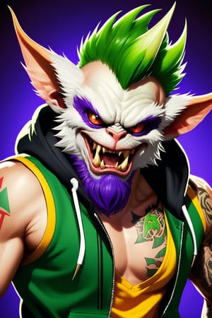 ((3 Full body photo)), (2 Gremlins), Mean Gremlin, Green skin, Purple and White mohawk, dynamic pose, Green chest skin, wearing a gremlin gold chain, Green skin, simple background, best quality, realistic, wearing a hoodie, wearing a tank top, Gremlin Tattoos, Claw fingers, vector Gremlin Athletic Logo, inspired by Chris Walas, full color air brush, official photo, spike pit, no pupil demon red eyes, beard, sharp teeth showing, having two horns