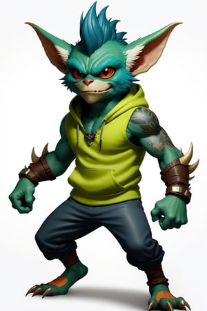 ((3 Full body photo)), (2 Gremlins), Mean Gremlin, Green skin, Glod and Blue mohawk, dynamic pose, Green chest skin, wearing a gremlin gold chain, Green skin, simple background, best quality, realistic, wearing a hoodie, wearing a tank top, Gremlin Tattoos, Claw fingers, vector Gremlin Athletic Logo, inspired by Chris Walas, full color air brush, official photo, spike pit, sold demon red eyes, sharp teeth showing, ultra realistic logo, 8K resolution, ultra quality, intricate details, highly detailed