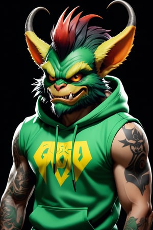 ((3 Full body photo)), (2 Gremlins), Mean Gremlin, Green skin, Black and 
Yellow mohawk, dynamic pose, Green chest skin, wearing a gremlin gold chain, Green skin, simple background, best quality, realistic, wearing a hoodie, wearing a tank top, Gremlin Tattoos, Claw fingers, vector Gremlin Athletic Logo, inspired by Chris Walas, full color air brush, official photo, spike pit, no pupil demon red eyes, beard, sharp teeth showing, having two horns