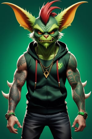 ((3 Full body photo)), (2 Gremlins), Mean Gremlin, Green skin, Black and 
Yellow mohawk, dynamic pose, Green chest skin, wearing a gremlin gold chain, Green skin, simple background, best quality, realistic, wearing a hoodie, wearing a tank top, Gremlin Tattoos, Claw fingers, vector Gremlin Athletic Logo, inspired by Chris Walas, full color air brush, official photo, spike pit, no pupil demon red eyes, beard, sharp teeth showing, having two horns