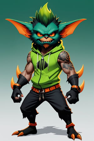 ((3 Full body photo)), (2 Gremlins), Mean Gremlin, Green skin, Orange and Black mohawk, dynamic pose, Green chest skin, wearing a gremlin gold chain, Green skin, simple background, best quality, realistic, wearing a hoodie, wearing a tank top, Gremlin Tattoos, Claw fingers, vector Gremlin Athletic Logo, inspired by Chris Walas, full color air brush, official photo, spike pit, sold demon red eyes, beard, sharp teeth showing, 