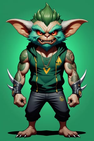 ((3 Full body photo)), (2 Gremlins), Mean Gremlin, Green skin, Silver and Gold mohawk, dynamic pose, Green chest skin, wearing a gremlin gold chain, Green skin, simple background, best quality, realistic, wearing a hoodie, wearing a tank top, Gremlin Tattoos, Claw fingers, vector Gremlin Athletic Logo, inspired by Chris Walas, full color air brush, official photo, spike pit, no pupil demon red eyes, beard, sharp teeth showing, 