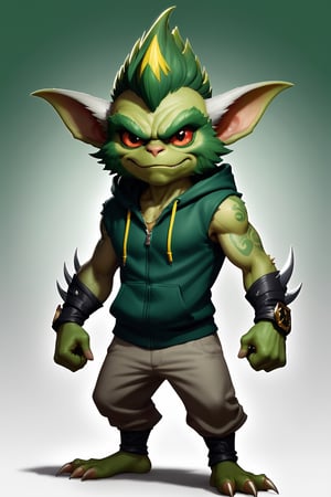 ((3 Full body photo)), (2 Gremlins), Mean Gremlin, Green skin, Silver and Gold mohawk, dynamic pose, Green chest skin, wearing a gremlin gold chain, Green skin, simple background, best quality, realistic, wearing a hoodie, wearing a tank top, Gremlin Tattoos, Claw fingers, vector Gremlin Athletic Logo, inspired by Chris Walas, full color air brush, official photo, spike pit, no pupil demon red eyes, beard, sharp teeth showing, 