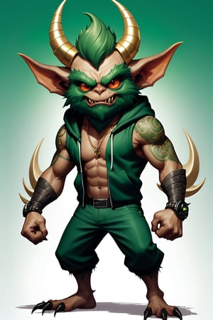 ((3 Full body photo)), (2 Gremlins), Mean Gremlin, Green skin, Silver and Gold mohawk, dynamic pose, Green chest skin, wearing a gremlin gold chain, Green skin, simple background, best quality, realistic, wearing a hoodie, wearing a tank top, Gremlin Tattoos, Claw fingers, vector Gremlin Athletic Logo, inspired by Chris Walas, full color air brush, official photo, spike pit, no pupil demon red eyes, beard, sharp teeth showing, having two horns