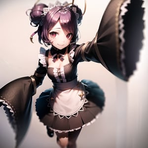 overlordentoma, 1girl, solo, looking at viewer, smile, short hair, simple background, long sleeves, red eyes, purple hair, purple hair, pantyhose, frills, shoes, wide sleeves, hair bun, black footwear, sleeves past wrists, maid, maid headdress, fangs, standing on one leg, monster girl, colored sclera, antennae, arthropod girl, purple pantyhose, portrait, close_up, bride, wedding dress, yellow dress