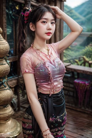 1girl, solo, long hair, black hair, jewelry,  bracelet,MyanmarTraditionalDress(rose pink),mmkytt,colorfull shirt,sheer_clothing,long_ponytail,realstic,photorealstic,4k,arms_above_head