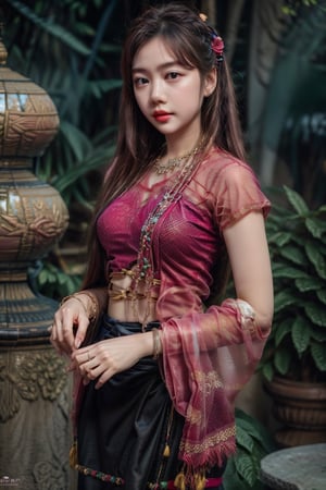 1girl, solo, long hair, black hair, jewelry,  bracelet,MyanmarTraditionalDress(rose pink),mmkytt,colorfull shirt,sheer_clothing,long_ponytail,realstic,photorealstic,4k