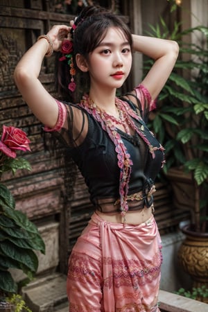 1girl, solo, long hair, black hair, jewelry,  bracelet,MyanmarTraditionalDress(rose pink),mmkytt,colorfull shirt,sheer_clothing,long_ponytail,realstic,photorealstic,4k,arms_above_head