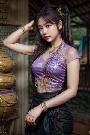 1girl, solo, long hair, black hair, jewelry,  bracelet,MyanmarTraditionalDress(purple green),mmkytt,colorfull shirt,sheer_clothing,long_ponytail,realstic,photorealstic,4k,arms_above_head,wearing acmmsayarma outfit