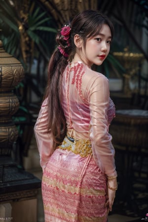 1girl, solo, long hair, black hair, jewelry,  bracelet,MyanmarTraditionalDress(rose pink),mmkytt,colorfull shirt,sheer_clothing,long_ponytail,view_from_behind