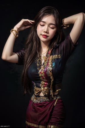 1girl, solo, long hair, black hair, jewelry, closed eyes, arms up, bracelet,MyanmarTraditionalDress,mmkytt,colorfull shirt