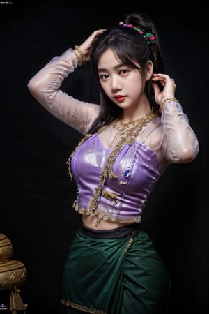 1girl, solo, long hair, black hair, jewelry,  bracelet,MyanmarTraditionalDress(purple green),mmkytt,colorfull shirt,sheer_clothing,long_ponytail,realstic,photorealstic,4k,arms_above_head,wearing acmmsayarma outfit