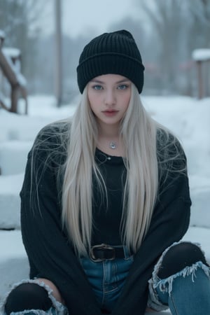 A dark and mysterious solo female figure sits on the snowy stairs, gazing directly at the viewer with piercing blue eyes. Her long, white hair cascades down her back like a river of frost, framed by the blurry background of snow-covered landscape. A braid runs along the side of her head, adorned with earrings and lip piercing. She wears a black beanie, torn denim jeans, and thigh-highs, with a pentagram tattoo on her neck. Her gaze is intense, her lips sealed in a subtle, closed-mouth expression. The camera captures her from a slightly off-angle perspective, emphasizing the dramatic contrast between her dark attire and the winter wonderland.