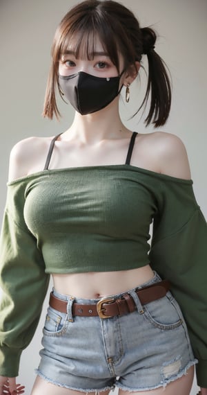 1girl, solo, breasts, looking at viewer, short hair, bangs, simple background, shirt, navel, bare shoulders, twintails, jewelry, jacket, grey hair, sidelocks, cowboy shot, earrings, open clothes, shorts, sleeveless, midriff, belt, blunt bangs, off shoulder, hair bun, open jacket, crop top, grey eyes, short shorts, sleeveless shirt, double bun, tattoo, mask, chain, piercing, denim, ear piercing, armband, buckle, armlet, green background, green shirt, mouth mask, arm tattoo, arm strap, shoulder tattoo
