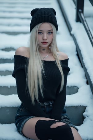 A dark and mysterious solo female figure sits on the snowy stairs, gazing directly at the viewer with piercing blue eyes. Her long, white hair cascades down her back like a river of frost, framed by the blurry background of snow-covered landscape. A braid runs along the side of her head, adorned with earrings and lip piercing. She wears a black beanie, torn denim jeans, and thigh-highs, with a pentagram tattoo on her neck. Her gaze is intense, her lips sealed in a subtle, closed-mouth expression. The camera captures her from a slightly off-angle perspective, emphasizing the dramatic contrast between her dark attire and the winter wonderland.