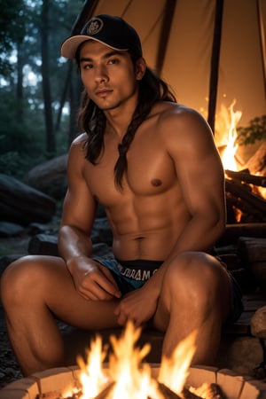 (1boy), 21yo male native Canadian, detailed face, detailed eyes, full parted lips, natural realistic skin, Anishnabai, Indigenous, traditional native clothing, slender fit body, outside with nature at night by the campfire, the cap fire lights his face in the dark of the night, long tied back hair, rustic Canadian wilderness, native teepee, RAW photo, dreamy soft focus, detailed photo, gorgeous, shallow depth of field, bokeh, hyper detailed photorealistic life-like accurate proportional 8k sharp focus, (selective focus:0.6)