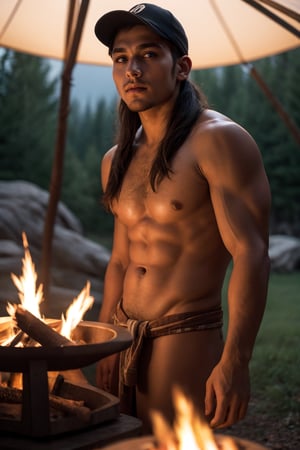 (1boy), 21yo male native Canadian, detailed face, detailed eyes, full parted lips, natural realistic skin, Anishnabai, Indigenous, traditional native clothing, slender fit body, outside with nature at night by the campfire, the cap fire lights his face in the dark of the night, long tied back hair, rustic Canadian wilderness, native teepee, RAW photo, dreamy soft focus, detailed photo, gorgeous, shallow depth of field, bokeh, hyper detailed photorealistic life-like accurate proportional 8k sharp focus, (selective focus:0.6)