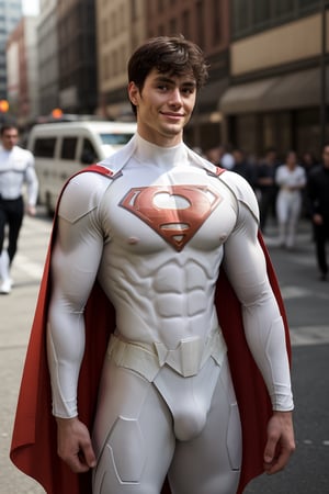 (Dav1dLaid) photorealistic, wearing a ((white Superman suit)) with a cape, outside on a city street in Metropolis, skinny waist, pecs, biceps, clean shaven, short messy hair, power pose, gentle smile. RAW photo, detailed photo, gorgeous, shallow depth of field, hyper detailed photorealistic life-like accurate proportional 8k sharp focus, (bright lighting), photorealistic detail, Dav1dLaid,SD 1.5