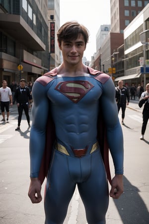 (Dav1dLaid) photorealistic, wearing a Superman suit outside on a city street in Metropolis, skinny waist, pecs, biceps, clean shaven, short messy hair, power pose, gentle smile. RAW photo, detailed photo, gorgeous, shallow depth of field, hyper detailed photorealistic life-like accurate proportional 8k sharp focus, (bright lighting), photorealistic detail, Dav1dLaid,SD 1.5