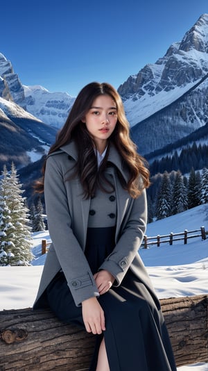 Here is a high-quality coherent stablediffusion prompt based on your input:

Capture a serene winterscape in 4K ultra HD RAW: a stunning girl with luscious locks sits cross-legged on a rustic wood log amidst majestic Swiss mountains, trendy grey coat and black skirt blending seamlessly with snowy backdrop. Her stylish boots add sophistication. Brilliant blue sky above casts calming ambiance. Focused at 50mm, medium full shot showcases her elegance from head to toe against breathtaking winter wonderland, highlighting porcelain skin and exquisite facial features.