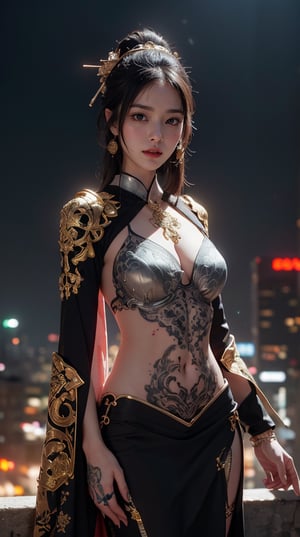 A futuristic cyberpunk geisha warrior stands tall, posed majestically in a dark, moody atmosphere illuminated by dramatic lighting that accentuates her perfect anatomy and highlights the intricate tattoos adorning her skin like a masterpiece of art. Silver and gold ornate armor glints in the spotlight, contrasting with the vibrant colors of the neon-lit cityscape behind her.