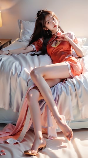 17 year old Korean girl, full body, two buns, pastel tee , red cheongsam swimsuit , (((Pokies))),white simple background,realhands,Samurai girl,lay in the bed