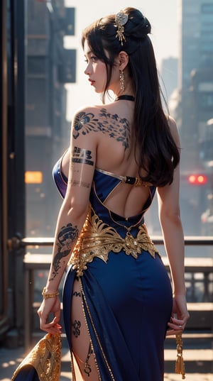 A futuristic cyberpunk geisha warrior stands tall, her perfect anatomy on full display as she poses in a dark and moody atmosphere. Her silver and gold ornate armor glints in the dramatic light, while intricate tattoos adorn her skin like a masterpiece of art. Her long hair flows down her back, adorned with ornate accessories that reflect the vibrant colors of the neon-lit cityscape behind her.