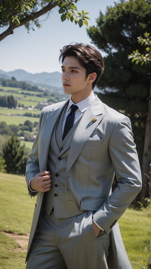 A dashing gentleman poses confidently, his broad shoulders and impressive physique showcased beneath a tailored suit. A luxurious feather coat flows elegantly around him, its vibrant plumage catching the warm sunlight. Framed in a Dutch angle, the subject's strong features are highlighted against the vast outdoor backdrop, where lush greenery or rolling hills stretch out to infinity.