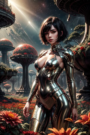 "Painting, ultra high definition, girl with short black hair and large red flowers, yellow eyes, standing on an alien planet, sunlight illuminating metallic petals, fantasy environment, vivid hues, detailed vegetation, vast alien sky, dreamlike quality, immersive landscape."
