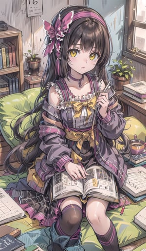 Sketch of girl studying, 18 years old, math textbook, long hair, yellow eyes, teenage room, sitting, sketch,tsukimichi_spider