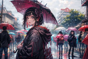 masterpiece, best quality, 1girl, rainy sky, having umbrella, watching a  beach, black hair, black eyes,tsukimichi_spider