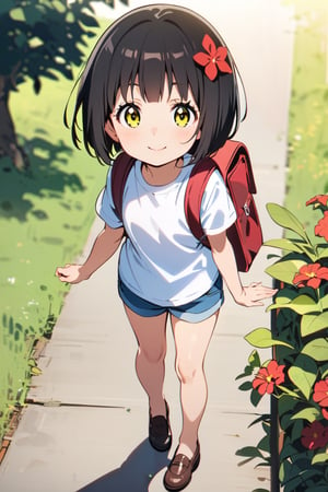 Little,Girl,6 years old,Going to school in midsummer,red school bag on back,smiling and looking at me,bob cut,black hair,yellow eyes,red flower hair ornament,white T-shirt and short denim,full body,(mio-XL),.