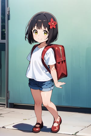 Little,Girl,6 years old,Going to school in midsummer,red school bag on back,smiling and looking at me,bob cut,black hair,yellow eyes,red flower hair ornament,white T-shirt and short denim,full body,(mio-XL),.