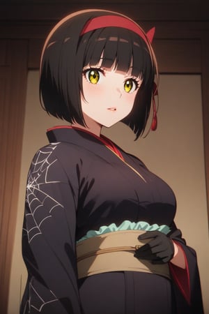 Masterpiece, top quality, aesthetic, absurd, (((cleaning up))) (recently), 1-girl, solo, look who sees, short hair, with bangs, black hair, gloves, long sleeves, yellow eyes, hair band, parted lips, kimono, black gloves, indoor, wide sleeves, blunt bangs, kimono, hand on waist, sash, bob cut, red hair band, black kimono, spider web pattern
Mio-XL