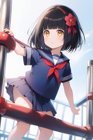 A child who cannot do upsides on the bars, a little one, one girl, 6 years old, bob cut, black hair, yellow eyes, red flower hair ornament, sailor uniform,(mio-XL)