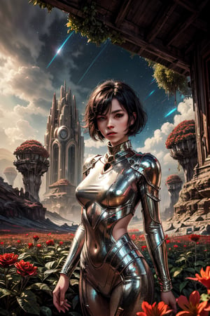 "Painting, ultra high definition, girl with short black hair and large red flowers, yellow eyes, standing on an alien planet, sunlight illuminating metallic petals, fantasy environment, vivid hues, detailed vegetation, vast alien sky, dreamlike quality, immersive landscape."