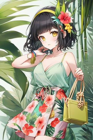 //Character
1Girl, short black hair, red flower diadem, yellow eyes,
Blake.
//Fashion 
Tropical Matte Satin Cami Dress
Tropical matte satin cami dress in bright coral color with tropical floral print incorporating shades of green, yellow and pink, 
BREAK
Accessories include wedge espadrilles, floral hair accessories, delicate gold anklets, a bamboo handbag and a lightweight kimono in complementary colors to complete the ensemble, perfect for a tropical vacation or beach party,
Blake.
