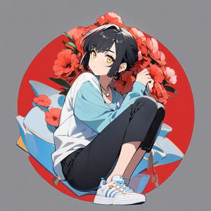 1girl,solo,lainOC,light blue long sleeved shirt. White cropped pants. White sneakers, small silver star necklace, short black hair, big red flower hairpiece, yellow eyes,.