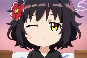 1 girl, messy hair, on bed, half asleep, half awake, alarm clock, bed room,
Short black hair, red flower hair ornament, yellow eyes, black kimono with spider web painted on shoulder, hand painted, anime style, cute, thickly painted, transparent(mio-XL)