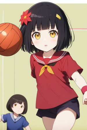Children playing dodgeball.Small child, girl multiple, 6 yrs old, bob cut, black hair, yellow eyes, red flower hair ornament, sailor outfit, (mio-XL), 