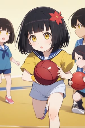 Children playing dodgeball.Small child, girl multiple, 6 yrs old, bob cut, black hair, yellow eyes, red flower hair ornament, sailor outfit, (mio-XL), 