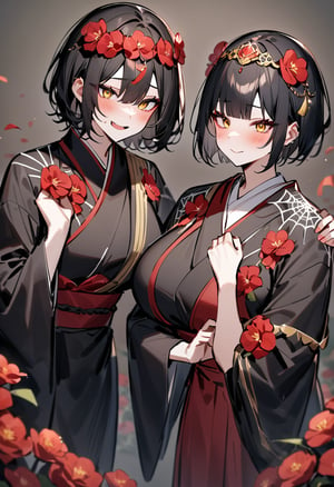  Short black hair, red flower diadem, yellow eyes, black kimono with spider web painted on shoulder
,MyOC lain,lainOC