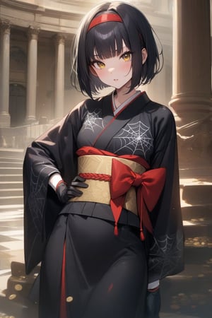masterpiece, best quality, very aesthetic, absurdres, (recent), Roman Trevi Fountain with coins thrown into it,1girl, solo, looking at viewer, short hair, bangs, black hair, gloves, long sleeves, yellow eyes, hairband, parted lips, japanese clothes, black gloves, indoors, wide sleeves, blunt bangs, kimono, hand on hip, sash, obi, bob cut, red hairband, black kimono, spider web print
,(mio-XL)
