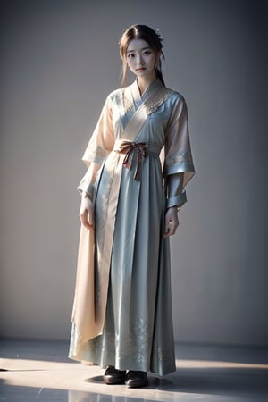 Beauty in Hanfu stands, dignified and fair.
Fine brushwork depicts, rich classical charm.
Subtle pose, backdrop fuses ancient style.
Soft hues, light and shadow enhance countenance. Elegant accessories, hairstyle reveal ancient grace.